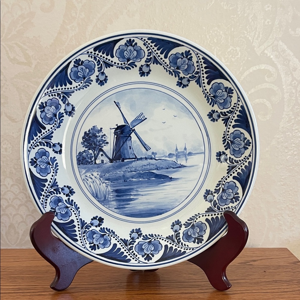 Royal Delft Blue and White Decorative Plate with Windmill Design 10”